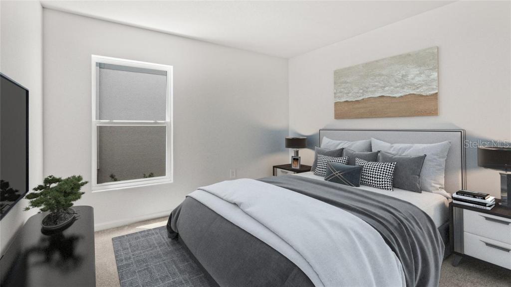 This is a digital rendering of a modern bedroom featuring a bed and side tables — 1580 WILLOW GARDEN LOOP, EUSTIS, FL