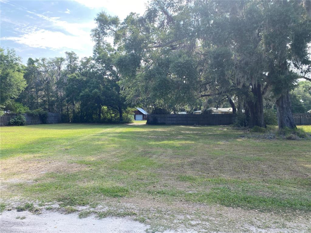 A grassy, vacant lot features mature trees and a wooden fence in the background — US HWY 301, OXFORD, FL