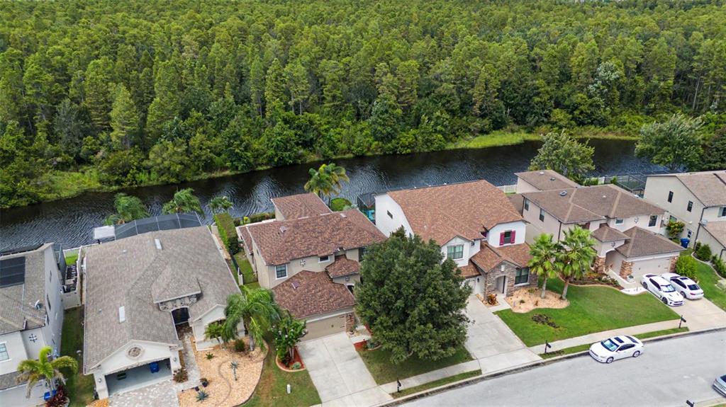 An aerial view shows a house with a brown shingle roof, pool, and surrounding landscaping — 1231 KETZAL DRIVE, TRINITY, FL