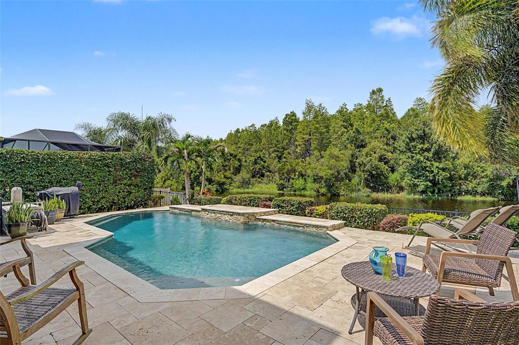 A backyard patio features a swimming pool, stone pavers, outdoor furniture, and a wooded lake view — 1231 KETZAL DRIVE, TRINITY, FL