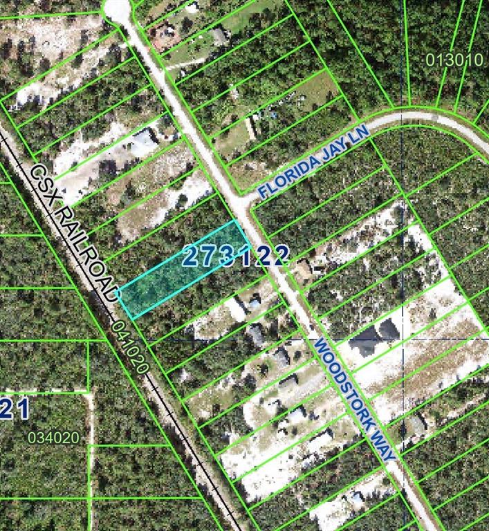 This is a map showing a highlighted rectangular parcel of land adjacent to a railroad — 0 WOODSTORK WAY, FROSTPROOF, FL
