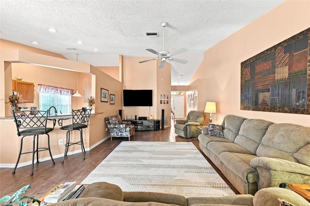 A living room with a large sofa, area rug, ceiling fan, and an open kitchen — 207 LAKEWAY LANE, APOLLO BEACH, FL