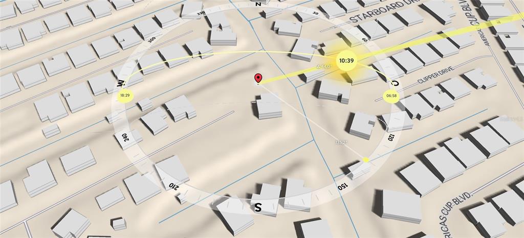 This is a 3D map rendering showing a property location with a solar path overlay — 4623 3RD AVENUE E, BRADENTON, FL