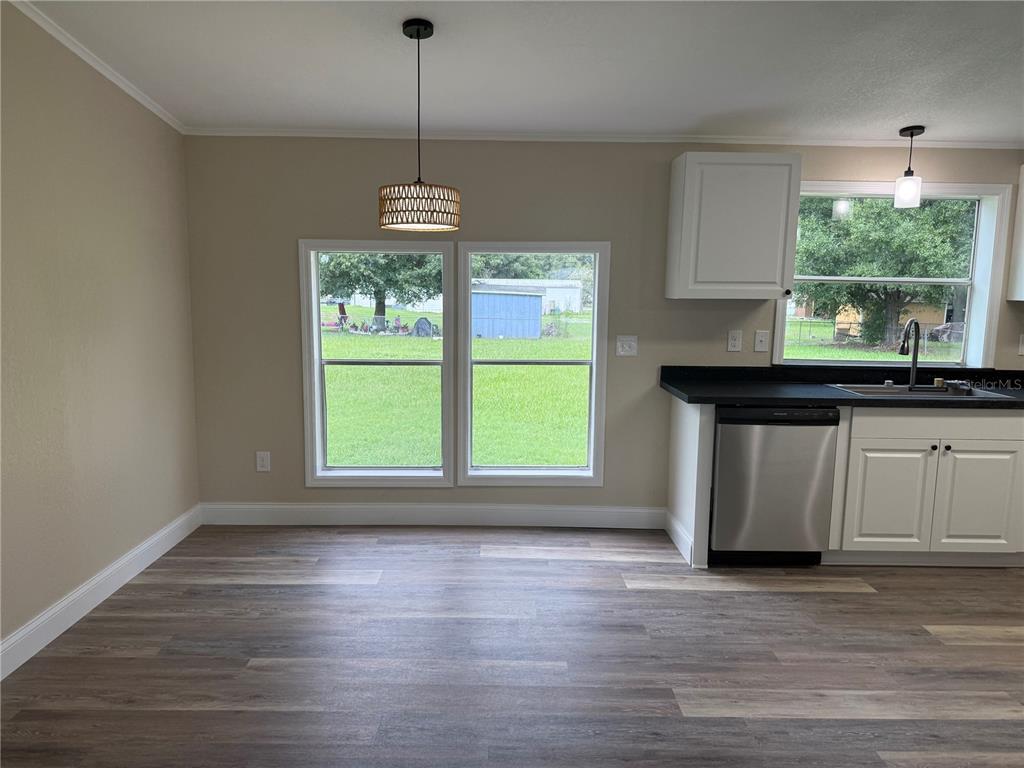 A kitchen and dining area with wood-look flooring, white cabinets, and two large windows — 5147 ROCK DOVE LOOP, LAKELAND, FL