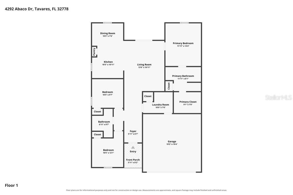This is a floor plan for a single-story house with a garage and three bedrooms — 4292 ABACO DRIVE, TAVARES, FL