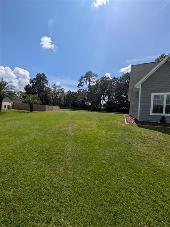 A large, grassy backyard extends from the side of a gray house toward distant trees — 841 NW 4TH AVENUE, WILLISTON, FL