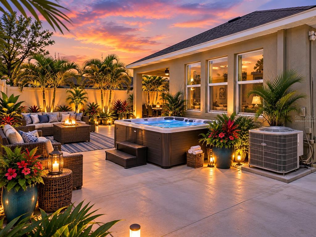 An aerial view of a single-story house with a gray roof, garage, and landscaped yard — 1461 N RIVER CIRCLE, TARPON SPRINGS, FL