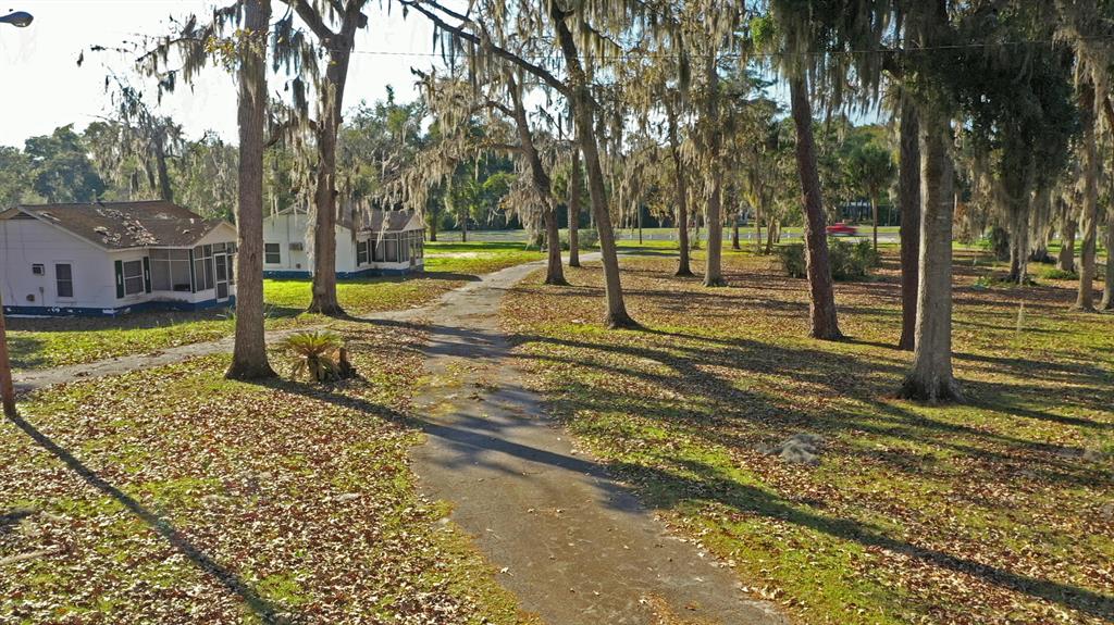 A paved driveway leads past two small houses toward a road lined with mossy trees — 18585 N HIGHWAY 441, REDDICK, FL