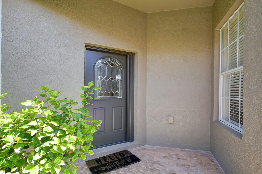 A front entryway features a dark gray door with a decorative glass window and tile flooring — 1127 WRIGHTSWYNDE COURT, WESLEY CHAPEL, FL