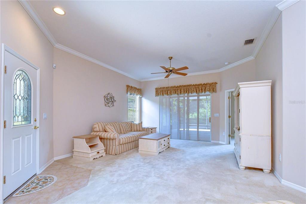 A living room features beige carpet, a striped sofa, a coffee table, and a ceiling fan — 1127 WRIGHTSWYNDE COURT, WESLEY CHAPEL, FL
