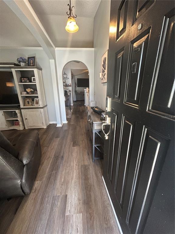 An entryway with wood-look flooring leads to an arched doorway and a living area — 3243 BRETTON WOODS TERRACE, DELTONA, FL