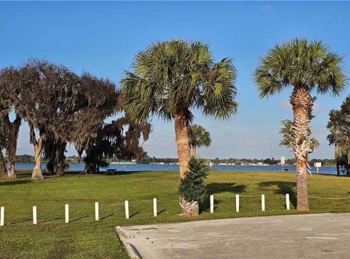A grassy park area features palm trees and large oaks overlooking a body of water — 233 MOON GLOW COURT, LAKE PLACID, FL