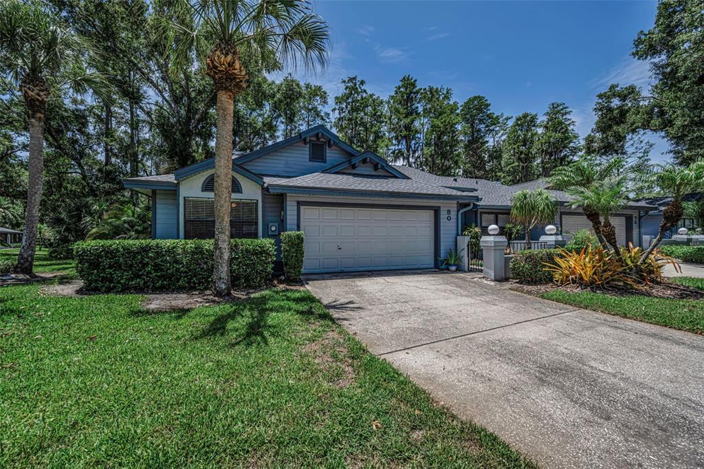 A single-story house with a blue exterior, a two-car garage, and a concrete driveway — 80 SUMMERWINDS LANE, OLDSMAR, FL