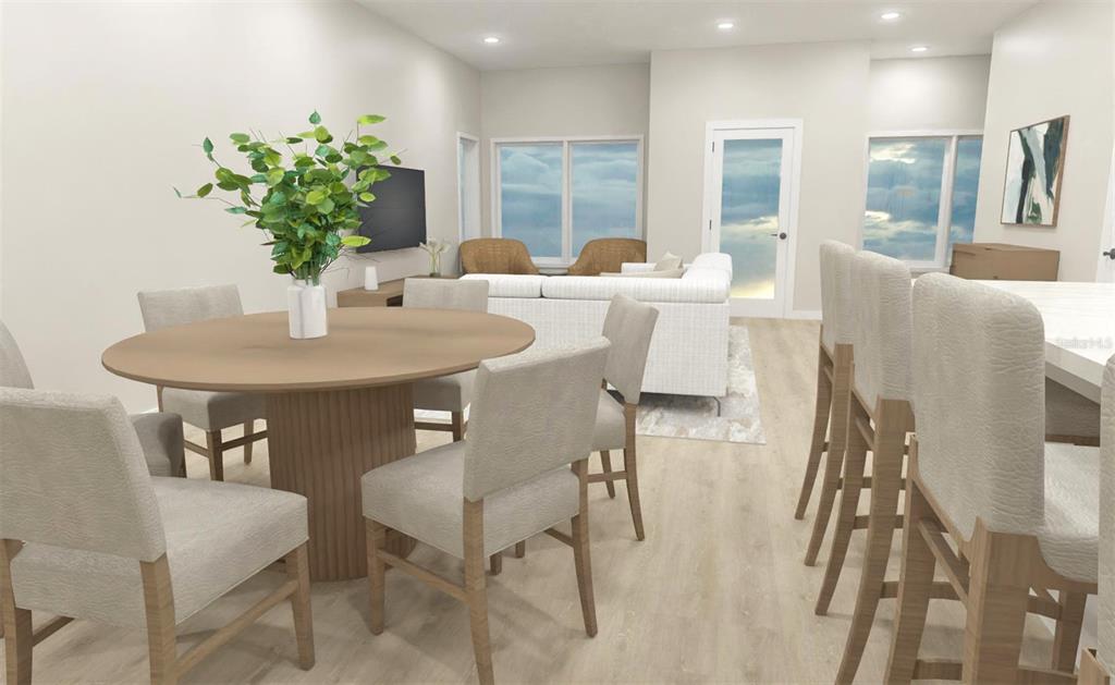 This is a digital rendering of an open-concept dining and living area with light wood flooring — 423 E JESSUP AVENUE, LONGWOOD, FL