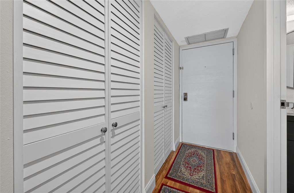 A hallway features white louvered closet doors, wood-look flooring, and a white entry door — 935 N HALIFAX AVENUE UNIT 1105, DAYTONA BEACH, FL