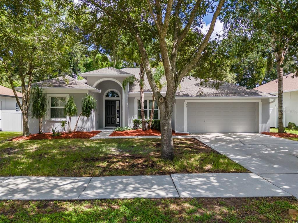 A single-story gray house with a two-car garage and a front yard with trees — 220 TAYLOR BAY LANE, BRANDON, FL