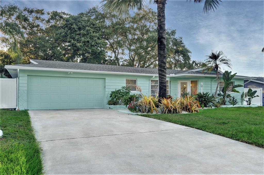 A light green, single-story house with a concrete driveway, a garage, and tropical landscaping — 1968 SOUVENIR DRIVE, CLEARWATER, FL