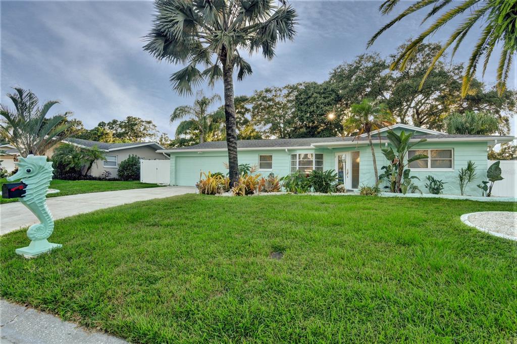 A light green single-story house with a seahorse mailbox and palm trees in the yard — 1968 SOUVENIR DRIVE, CLEARWATER, FL