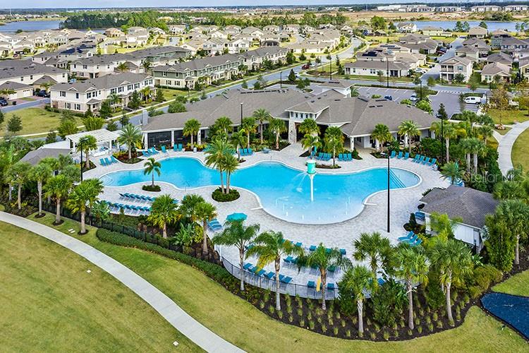 An aerial view shows a community swimming pool surrounded by palm trees and residential homes — 10071 TAWNY MEADOW ALLEY, WINTER GARDEN, FL