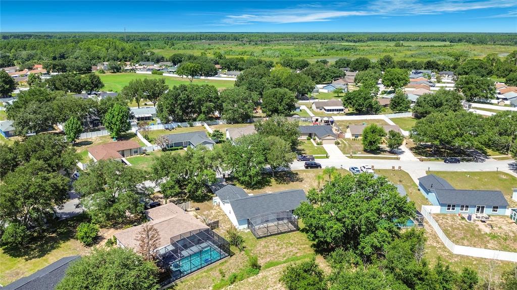 An aerial view shows several suburban houses with swimming pools and large trees — 15405 MARGAUX DRIVE, CLERMONT, FL