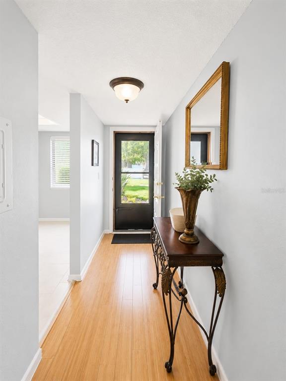 A bright entryway features light wood flooring, a dark front door, and a console table — 115 LAKEVIEW PLACE UNIT 115, OLDSMAR, FL