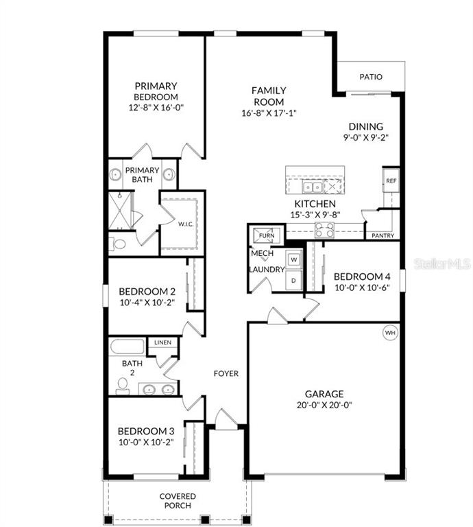 This floor plan shows a four-bedroom home with a garage, kitchen, and covered porch — 9198 HARRIS HAWK DRIVE, LEESBURG, FL