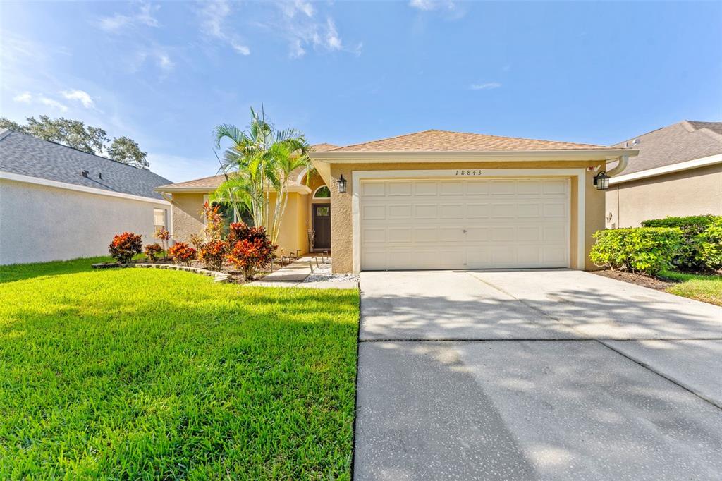 A single-story house with a beige stucco exterior, a two-car garage, and a front lawn — 18843 MAISONS DRIVE, LUTZ, FL