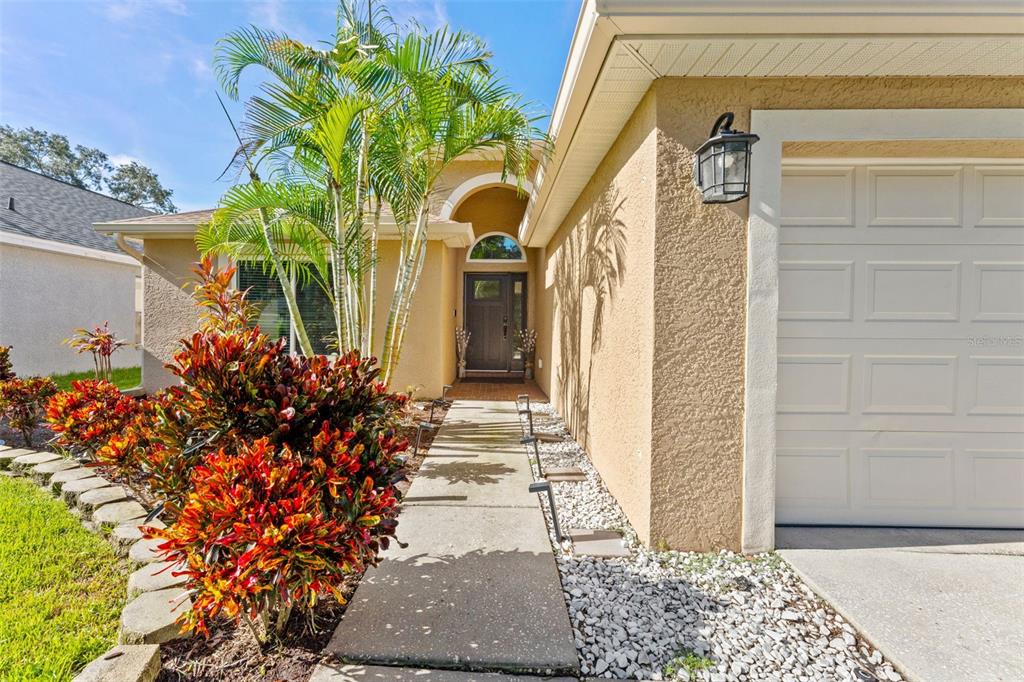 A concrete walkway leads to the front entrance of a house with a garage — 18843 MAISONS DRIVE, LUTZ, FL