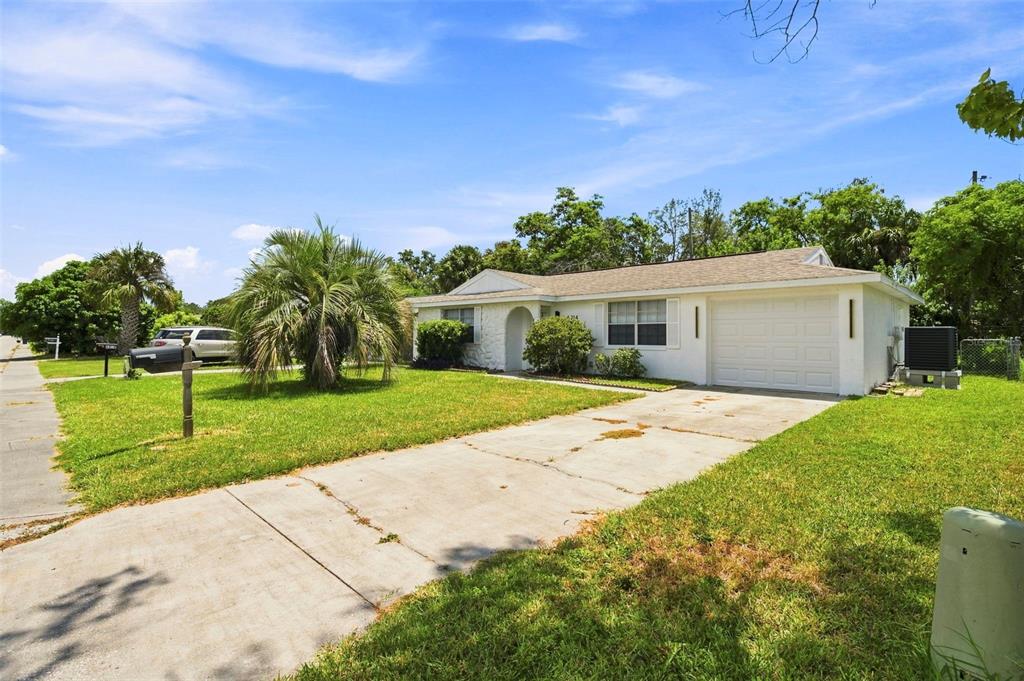 A white single-story house with a concrete driveway, a palm tree, and a green lawn — 6214 WESTPORT DRIVE, PORT RICHEY, FL