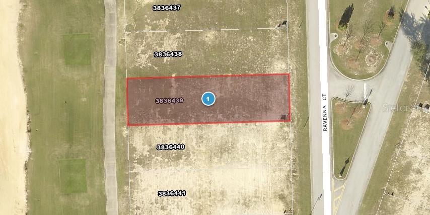 This is an aerial map showing a highlighted rectangular land parcel labeled 3836439 — 16241 RAVENNA COURT, MONTVERDE, FL