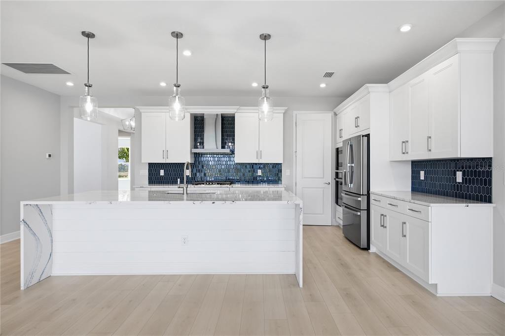 A bright entryway features white paneled walls, wood-look tile flooring, and a view into the living room — 1729 POINT GRACE ROAD, TAVARES, FL