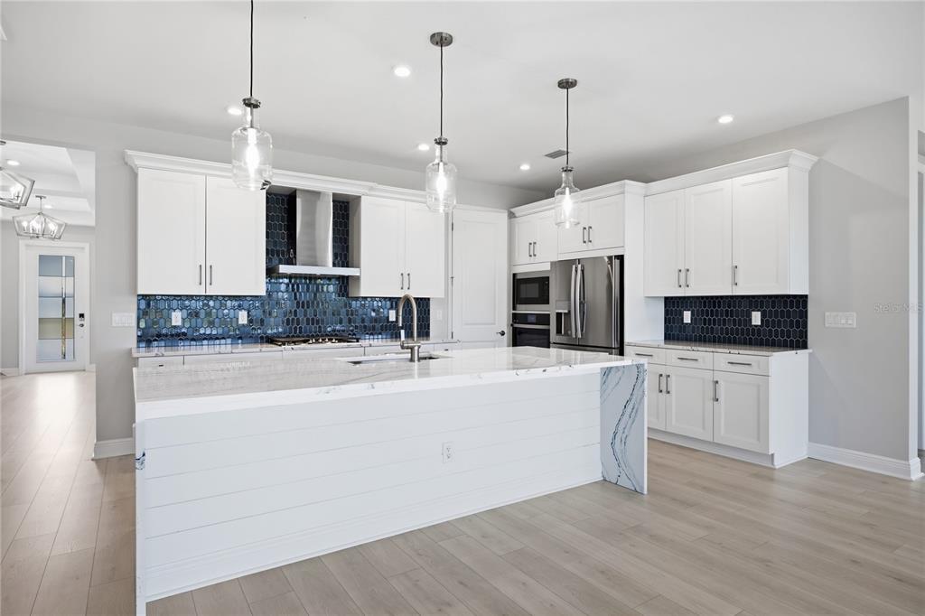 A modern entryway features wood-look tile floors, a white cabinet, and circular wall art — 1729 POINT GRACE ROAD, TAVARES, FL