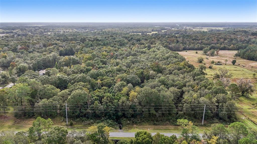 An aerial view shows a wooded lot bordered by a road and power lines — W EDWARDS ROAD, STARKE, FL