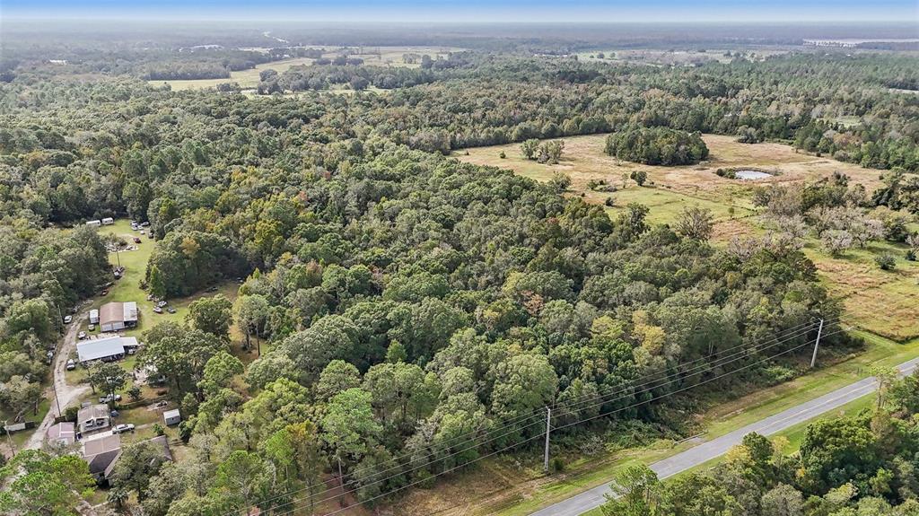 An aerial view shows a wooded property with a small cluster of buildings and a road — W EDWARDS ROAD, STARKE, FL