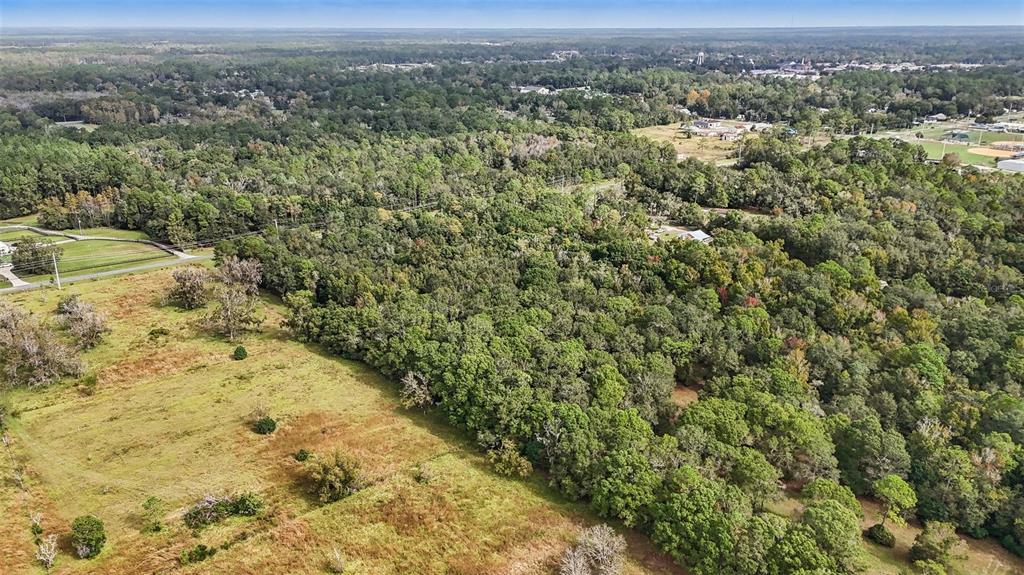 An aerial view shows a large, wooded lot adjacent to an open, grassy field — W EDWARDS ROAD, STARKE, FL