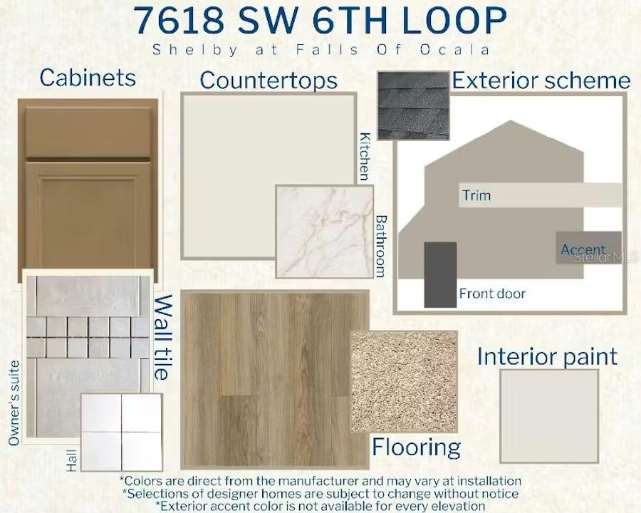 This design board displays samples of interior finishes, flooring, cabinetry, and exterior color schemes — 7618 SW 6TH LOOP, OCALA, FL