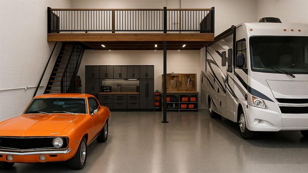 A spacious garage features a loft area, a classic orange car, and a large RV — 5237 TAYLOR ROAD UNIT E9, PUNTA GORDA, FL
