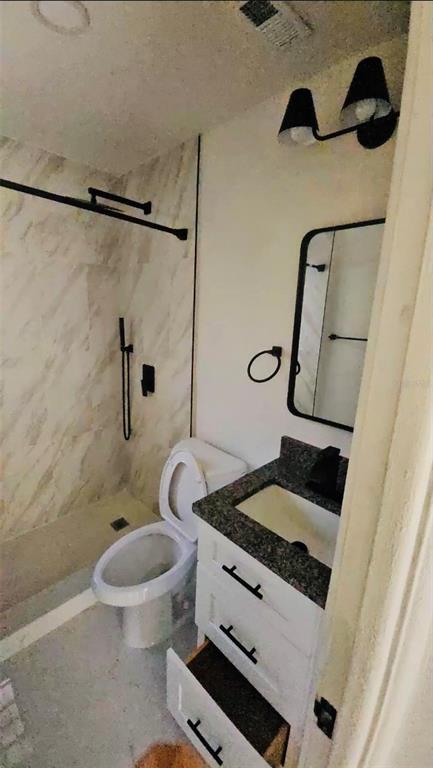 A bathroom features a white vanity, a toilet, a walk-in shower, and black hardware — 2459 17TH AVENUE S, ST PETERSBURG, FL