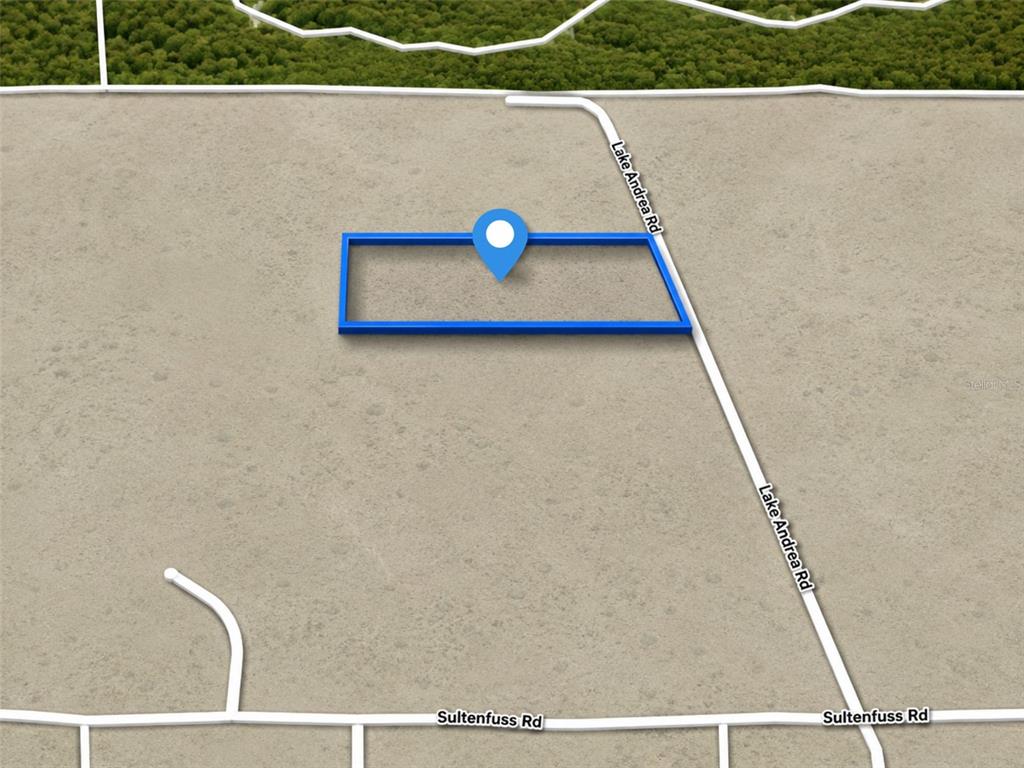 This is an aerial map rendering showing a rectangular plot of land highlighted in blue — LAKE ANDREA RD, BABSON PARK, FL
