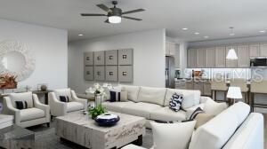 This is a rendering of an open-concept living room and kitchen with neutral-toned furniture — 4 BLUE GROTTO PLACE, PALM COAST, FL