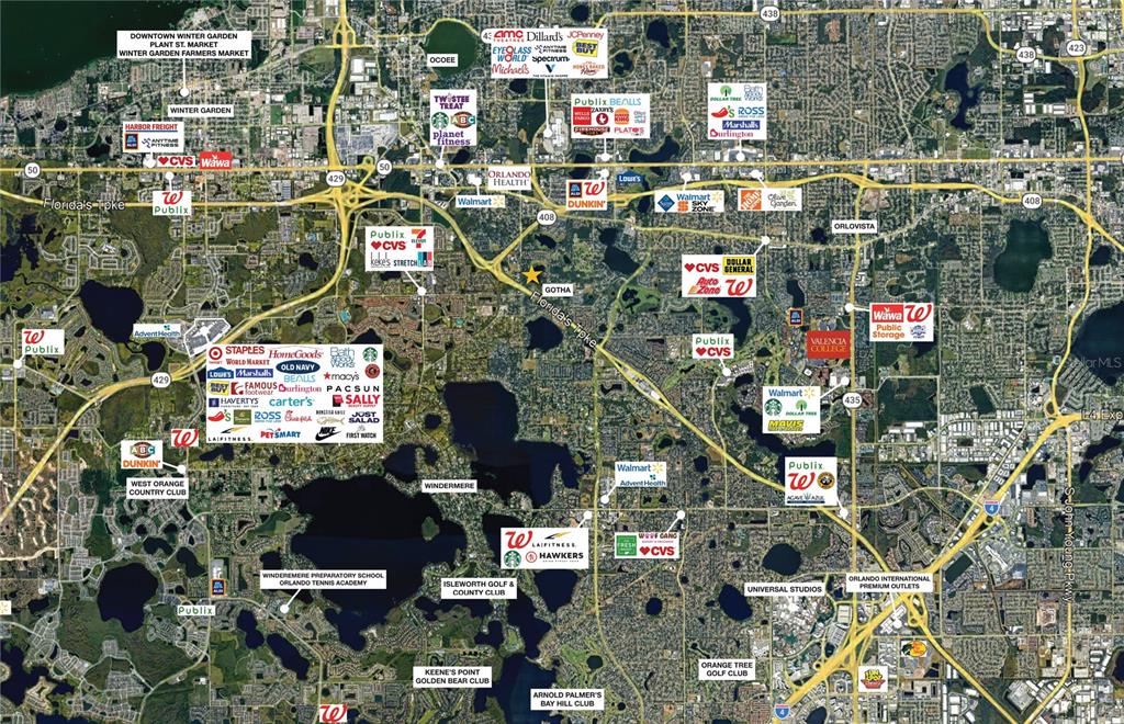 This is an aerial map showing retail locations, highways, and landmarks in the Orlando area — 9717 MORTON JONES ROAD, GOTHA, FL