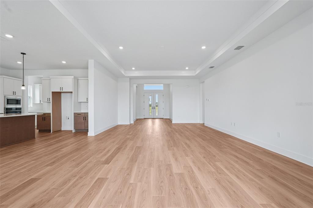 An open-concept living area features light wood-look flooring, white walls, and a tray ceiling — 12652 IVORY TUSK LANE, SPRING HILL, FL