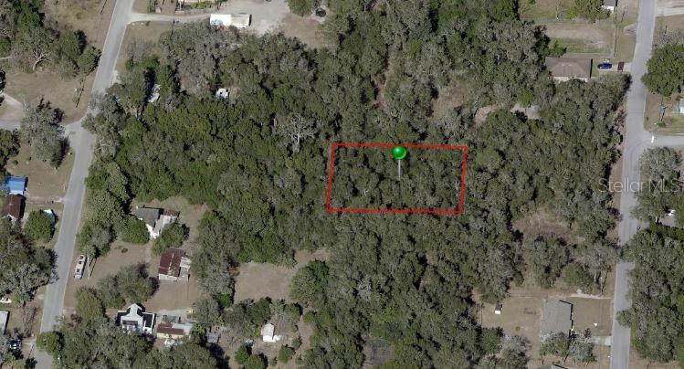 This aerial map shows a rectangular plot of land outlined in red within a wooded area — E BERLIN STREET, DE LEON SPRINGS, FL
