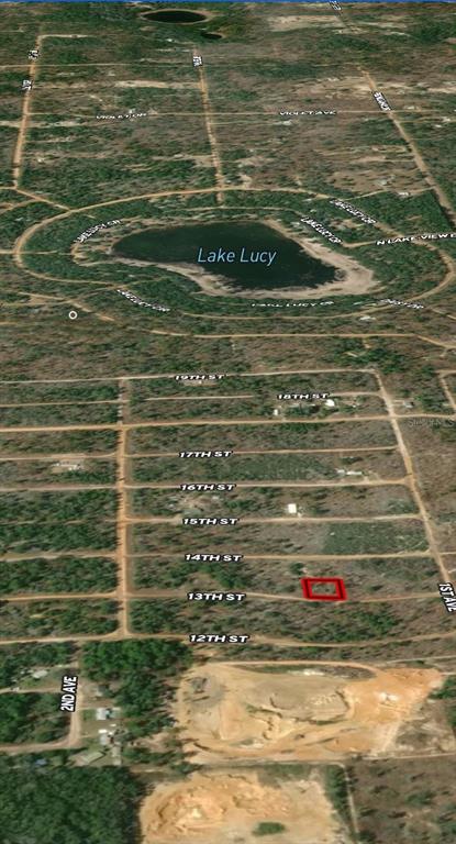 An aerial map view shows a vacant lot outlined in red near Lake Lucy — LOT 47 & 48 13TH STREET, INTERLACHEN, FL