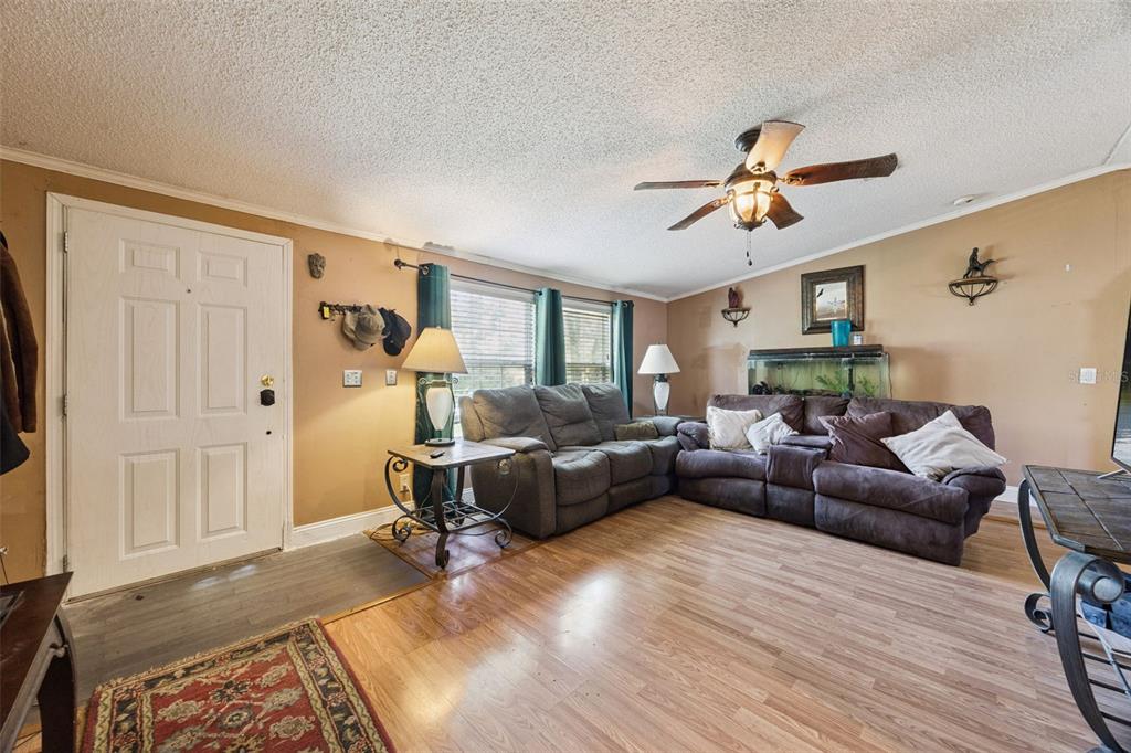 A living room features wood-look flooring, two gray sofas, a ceiling fan, and an entryway door — 680 WILD ACRES ROAD, OSTEEN, FL