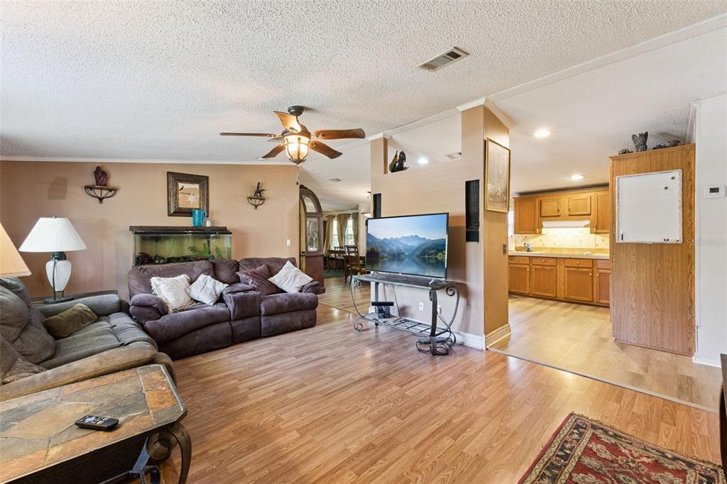 A living room with wood-look flooring, a brown sofa, a television, and an adjacent kitchen — 680 WILD ACRES ROAD, OSTEEN, FL