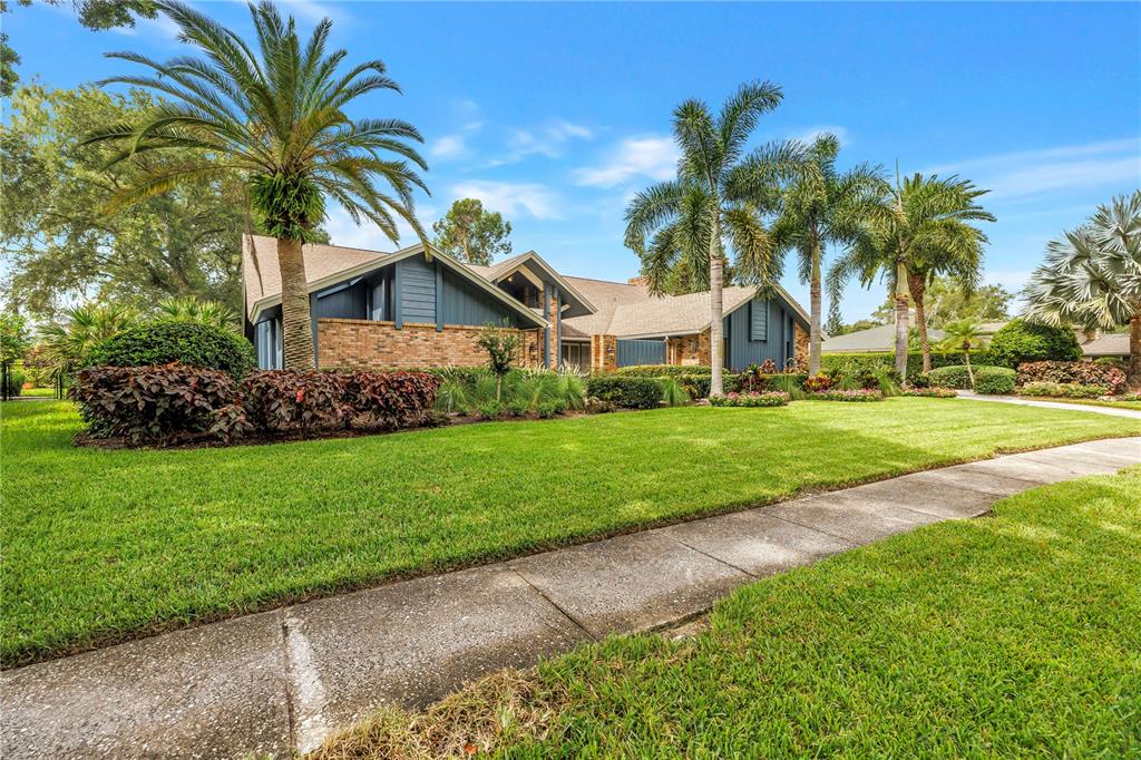 A single-story house with brick and blue siding features a large lawn and palm trees — 2837 SABER DRIVE, CLEARWATER, FL