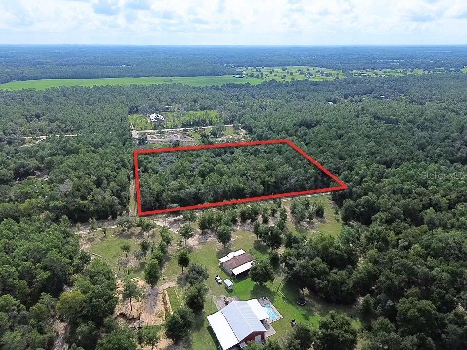 An aerial view shows a rectangular plot of land outlined in red amidst dense forest — TBD NE 135TH TERRACE, WILLISTON, FL