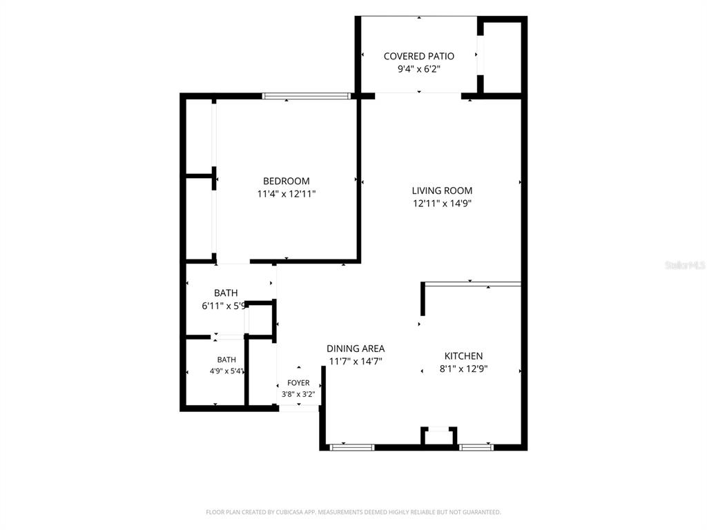 This is a floor plan of a one-bedroom apartment with a kitchen, living room, and patio — 1810 NW 23RD BOULEVARD UNIT 230A, GAINESVILLE, FL