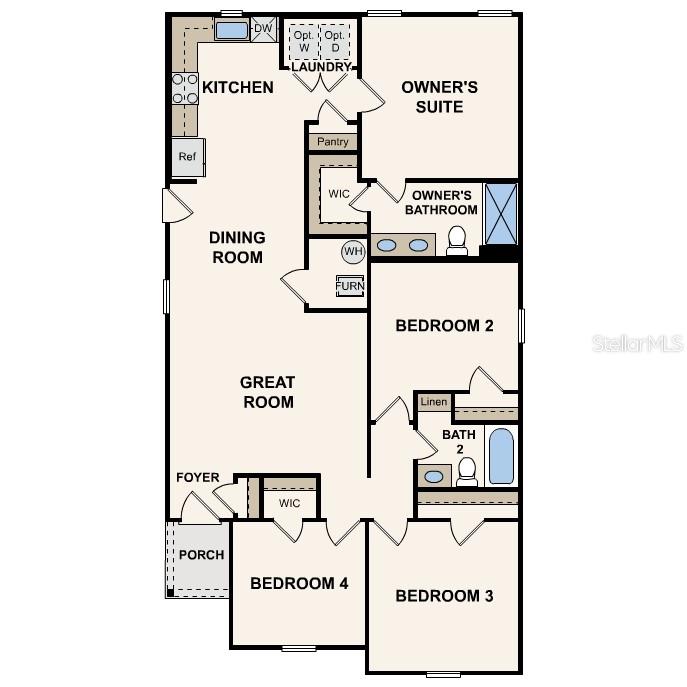 This is a floor plan for a four-bedroom home with an open-concept living area — 1082 BIRCH STREET, BUNNELL, FL